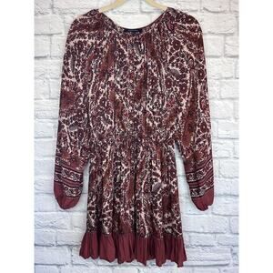 OLIVACEOUS Cottage Core Boho Floral Ruffled Mini Dress Balloon Sleeve Brown Sz M